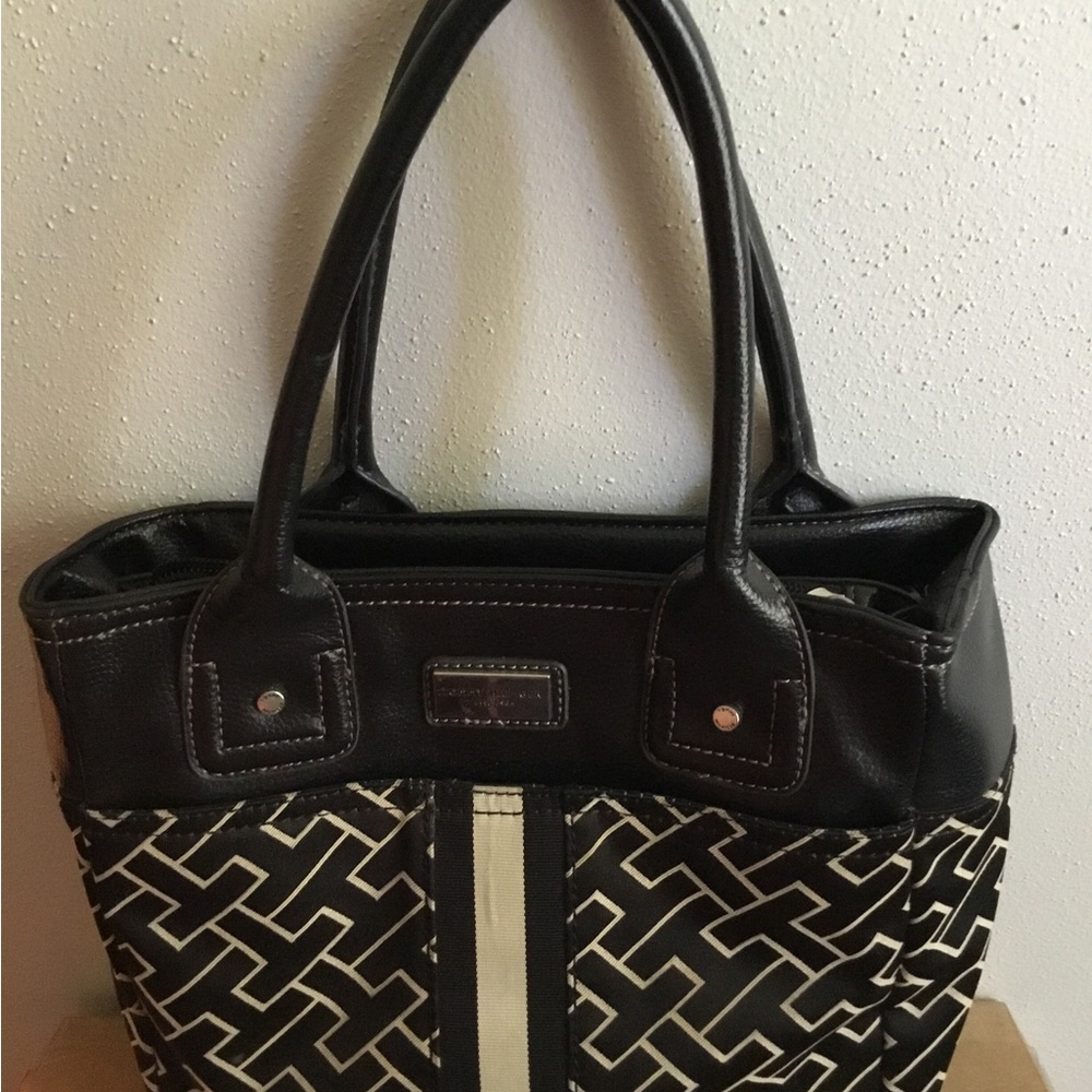 Tommy Hilfiger Black and Cream Patterned Tote